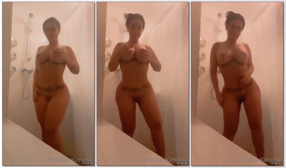 Priscila Kimura exibindo seu corpo nu durante o banho e revelando bucetinha e seios