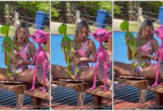 Tuani Basotti fazendo poses na piscina com um boneco de ET