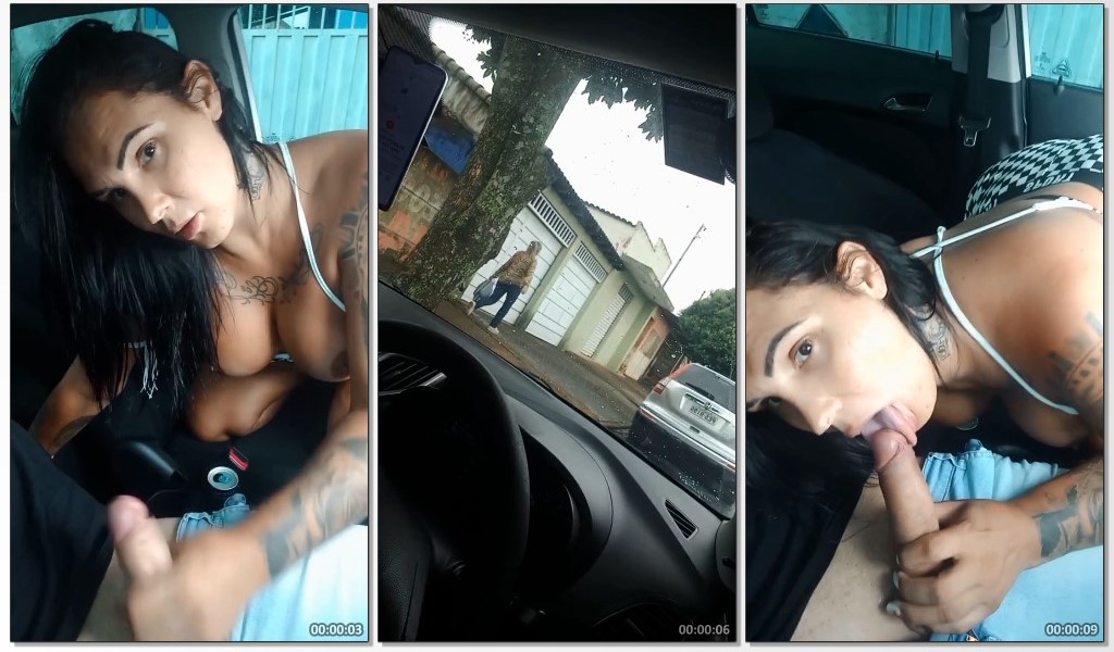 Garota ousada faz sexo oral no parceiro dentro do carro
