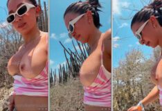 A colombiana Karol Rosado foi flagrada exibindo seus peitão fora da blusa enquanto caminhava pela trilha