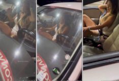 Sammy Gomes fazendo um vídeo ousado mostrando bucetinha enquanto está dentro do carro em um posto de gasolina