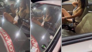 Sammy Gomes fazendo um vídeo ousado mostrando bucetinha enquanto está dentro do carro em um posto de gasolina