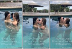 Luana Morais e Angel Kwy em trajes menores trocando beijos em uma piscina