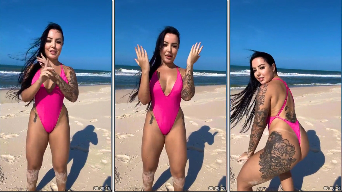 Morena Brena Barbosa dançando na praia com um maiô coladinho realçando as curvas