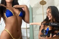 A gatinha Emily Rinaudo exibindo seu corpão em forma e sua máquina do prazer favorita para se divertir