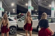 Karlyane Menezes dando um show no posto de gasolina, exibindo as teta e rebolando com a saia levantada