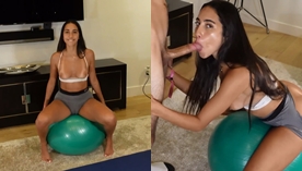 Izzy Green faz um boquete deitada na bola de pilates e leva gozada na boca